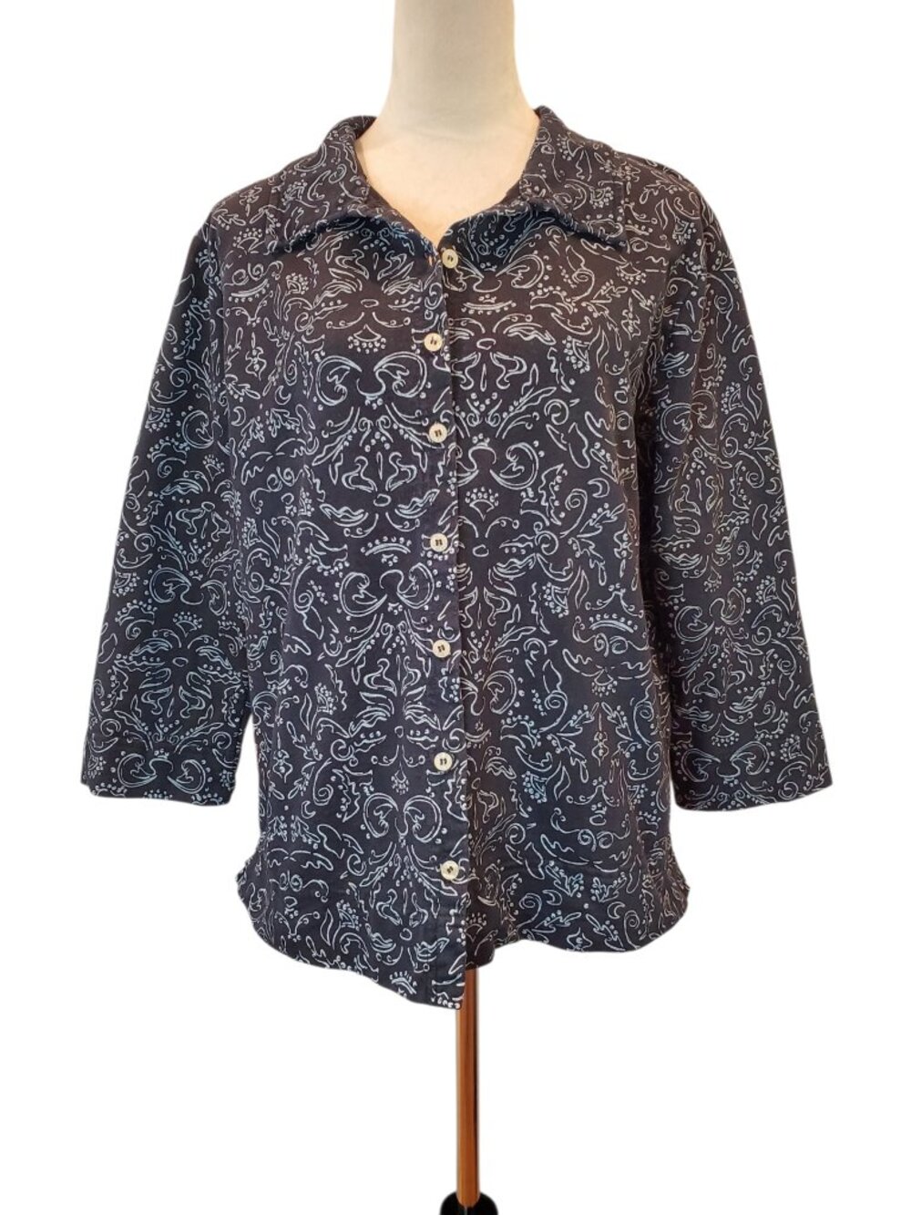 FRESH PRODUCE Button Front Top Black Scroll Print 3/4 Sleeve 100% Cotton